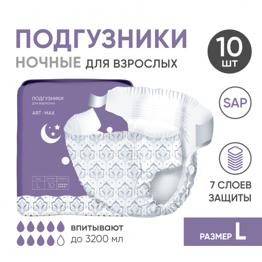 Подгузники одноразовые для взрослых, L, 11 шт, принт "икат", ночные Beside