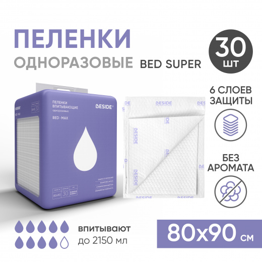 Одноразовые впитывающие пеленки, 80х90 см, 30 шт Beside