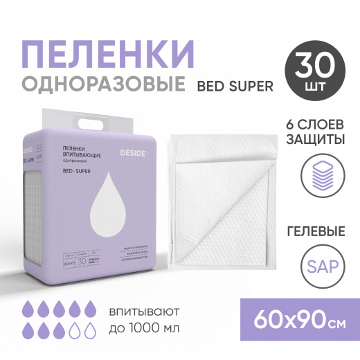 Одноразовые впитывающие пеленки, 60х90 см, 30 шт Beside