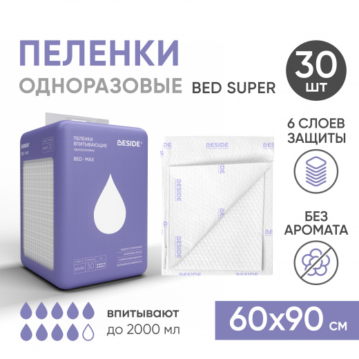 Одноразовые впитывающие пеленки, 60х90 см, 30 шт Beside